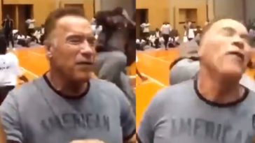 Arnold Schwarzenegger getting kicked in the back at South Africa event