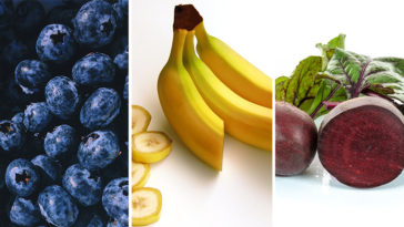 Carb rich foods shown as blueberries, banana, and beetroot