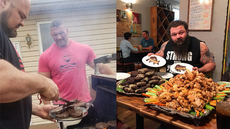 Brian Shaw and Robert Oberst eating a lot of protein rich food as part of their strongman diet