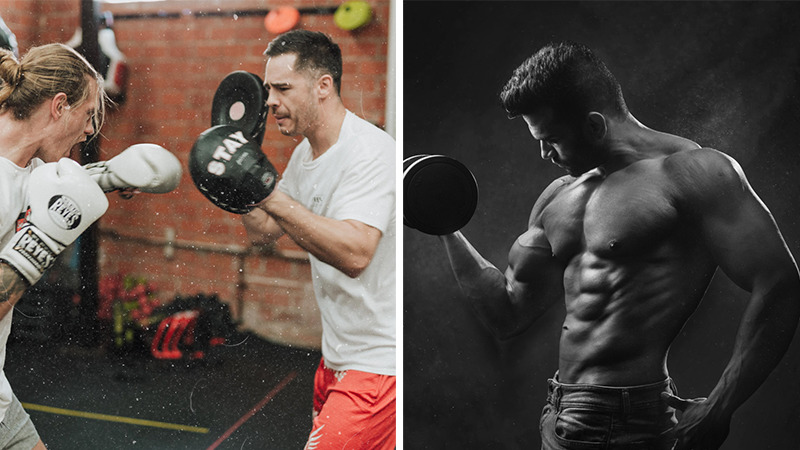 Boxer performing cardio next to bodybuilder