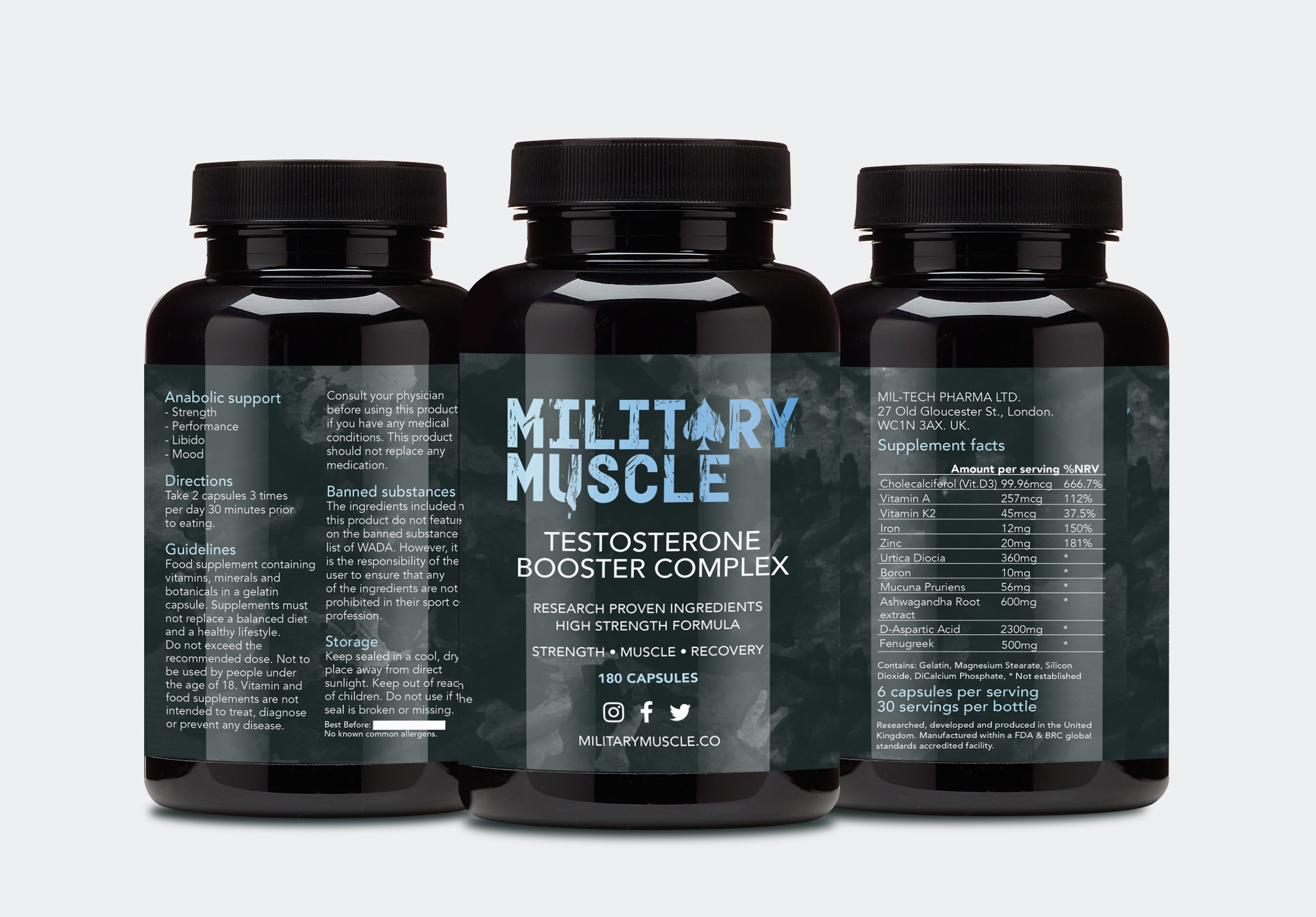 Military Muscle review header of three bottles side by side. 